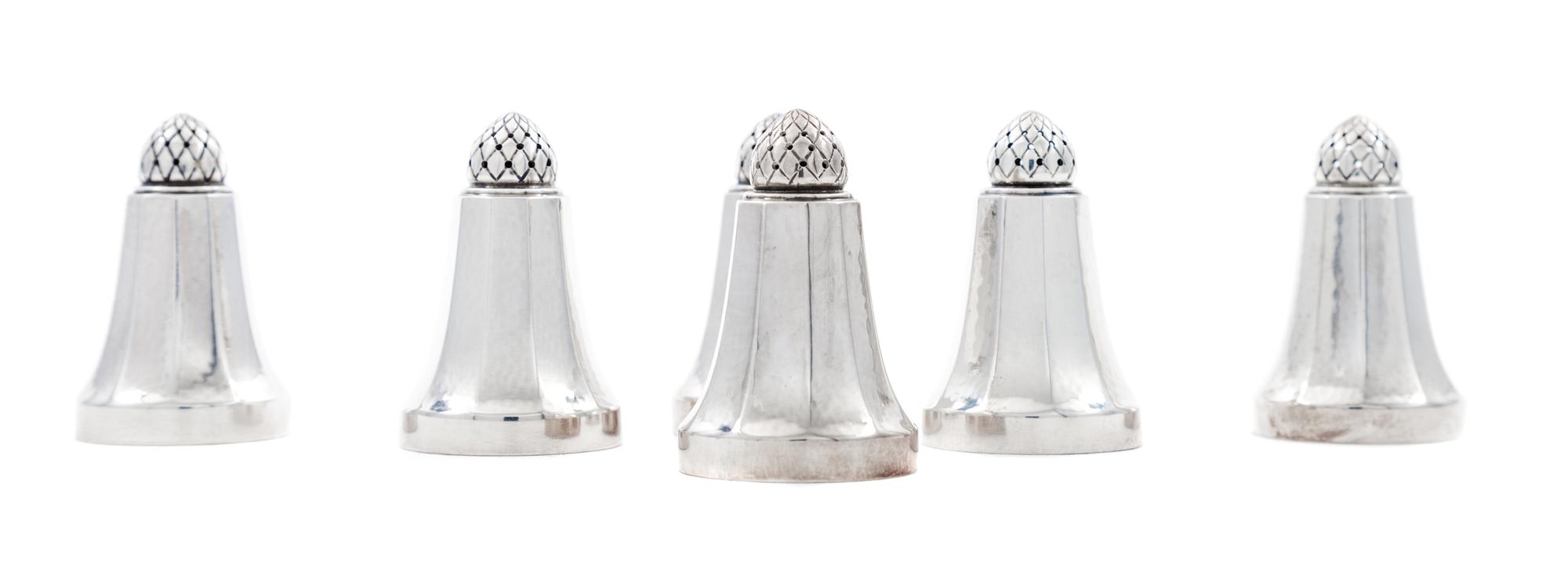 A Set of Six Danish Silver Shakers, Georg Jensen Silversmithy, Copenhagen, Second Half 20th Century, Acorn pattern.
