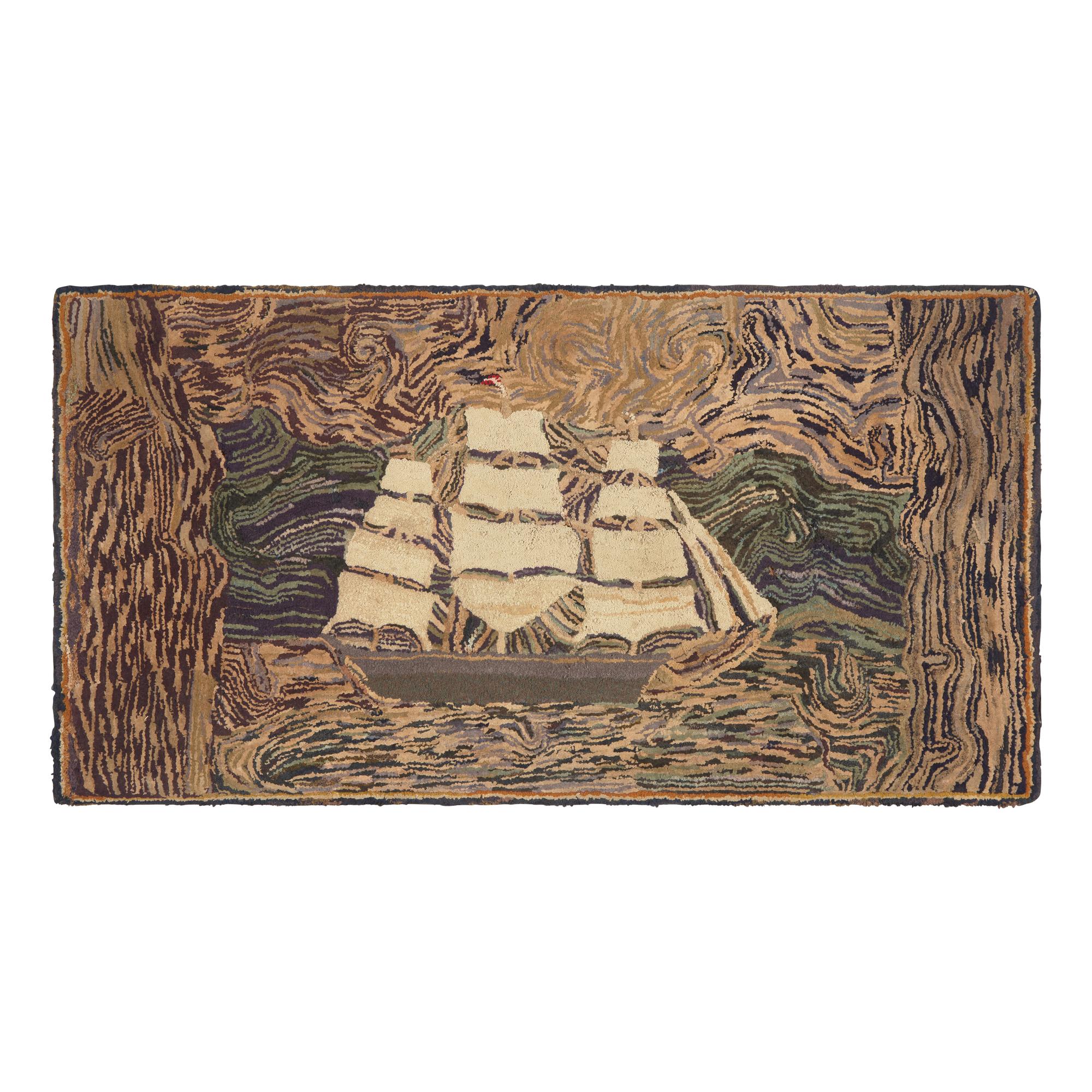 A Wool Hooked Rug Depicting a Three-Masted Ship