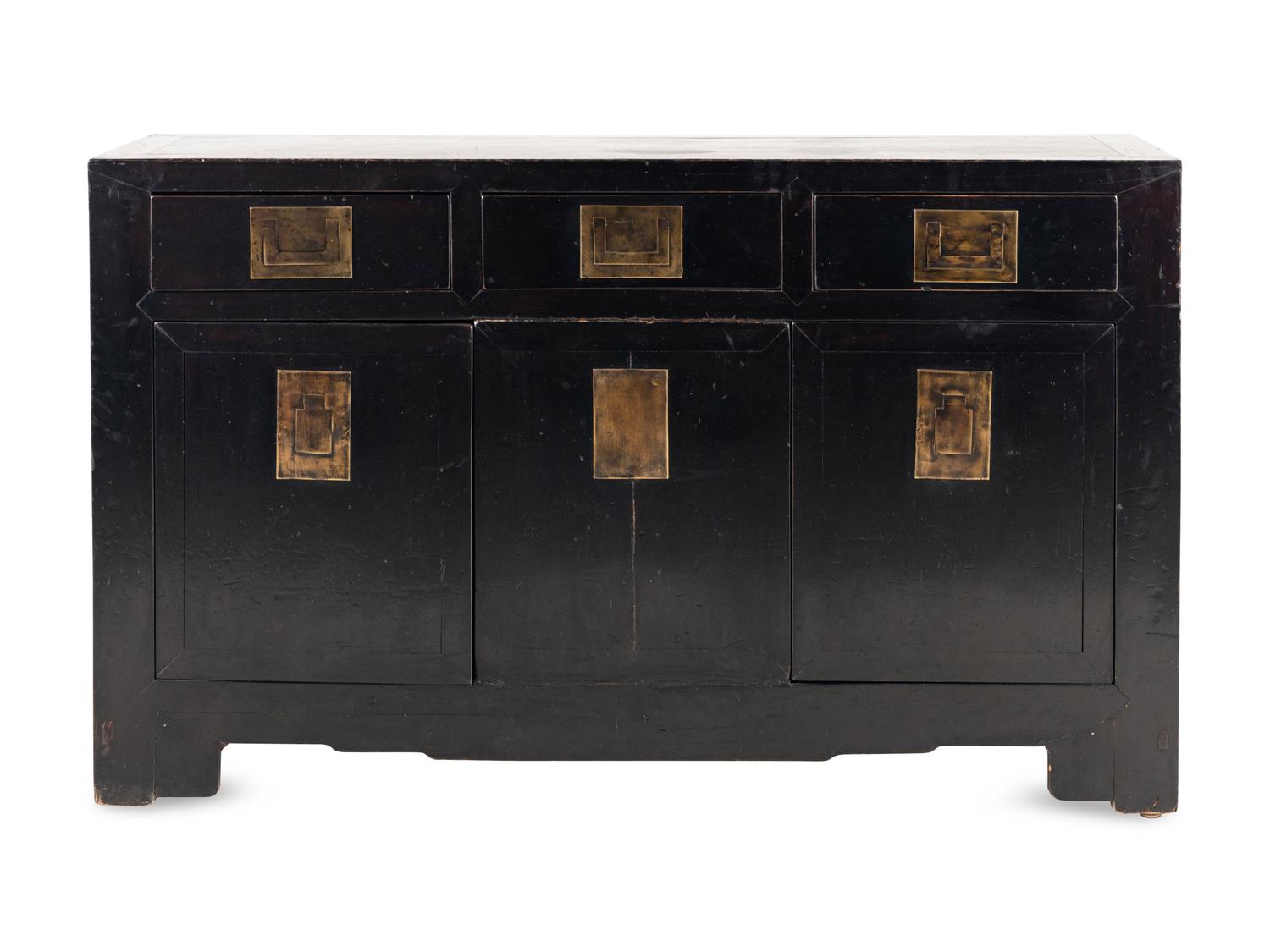 A Chinese Style Black Lacquered and Brass Mounted Console Cabinet