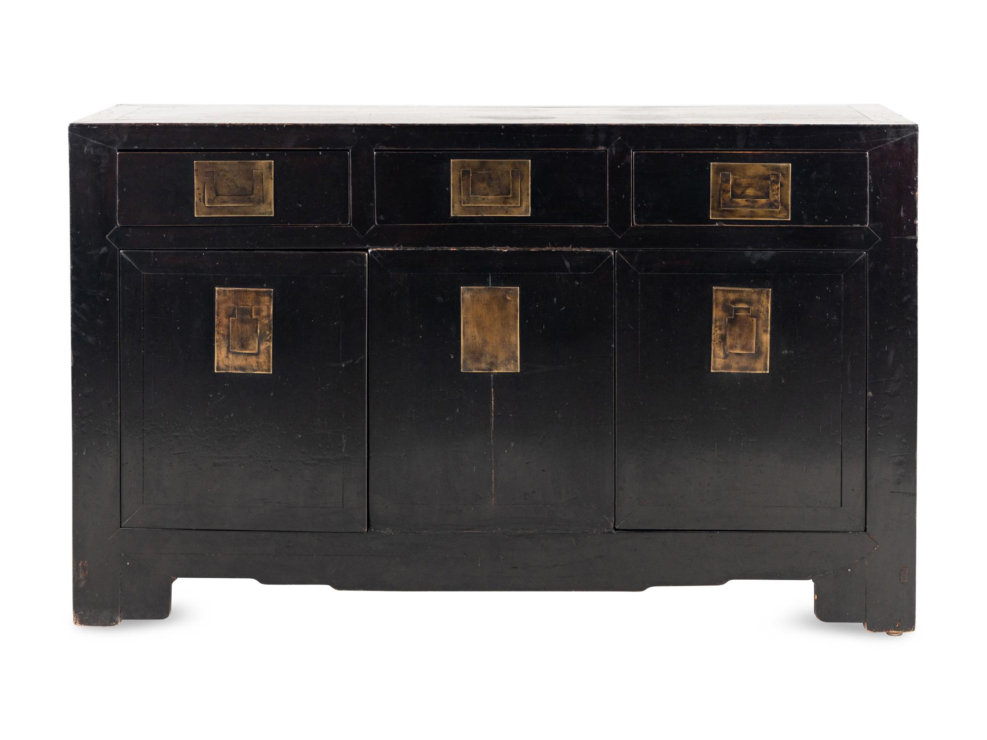 A Chinese Style Black Lacquered and Brass Mounted Console Cabinet