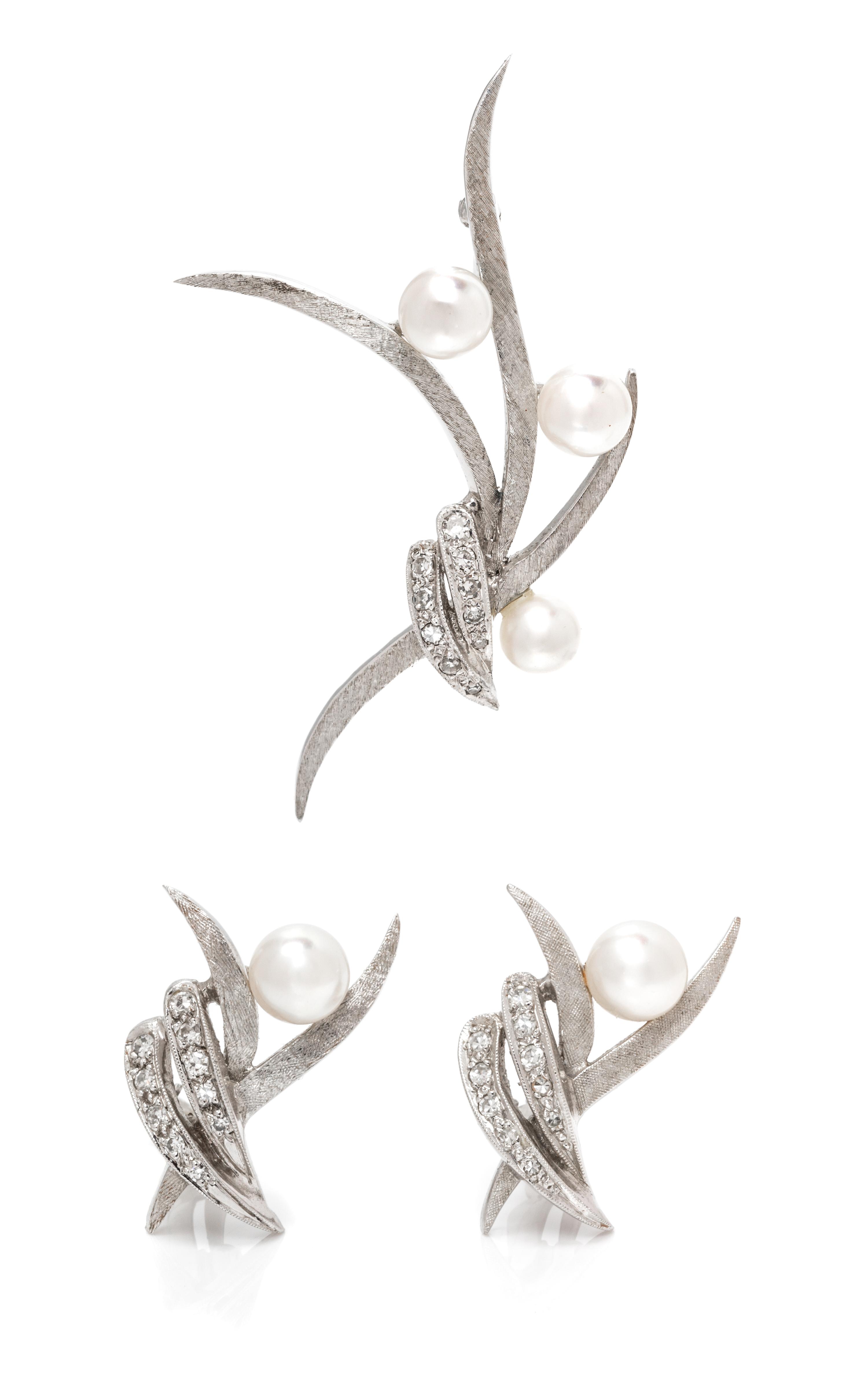 A 14 Karat White Gold, Pearl and Diamond Demi Parure, 9.30 dwts.