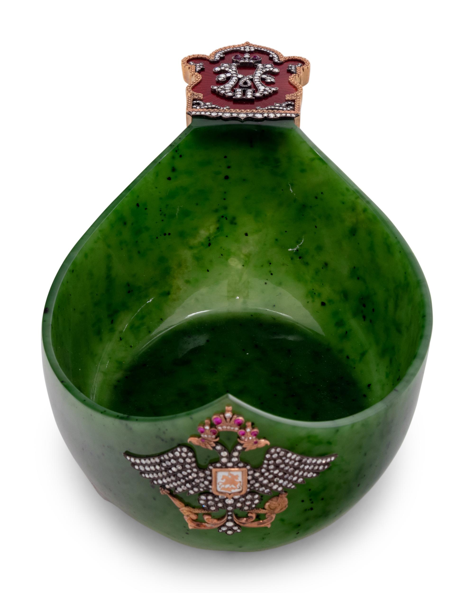 A Russian 14-Karat Gold, Enamel and Diamond Mounted Jade Kovsh
