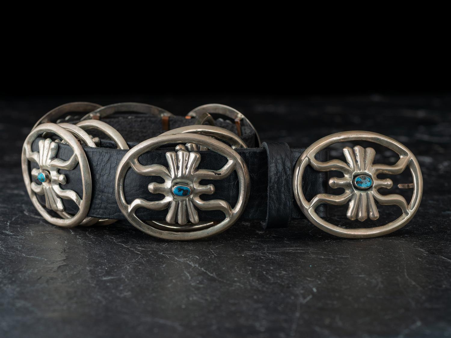 Navajo Sandcast Silver and Turquoise Concha Belt