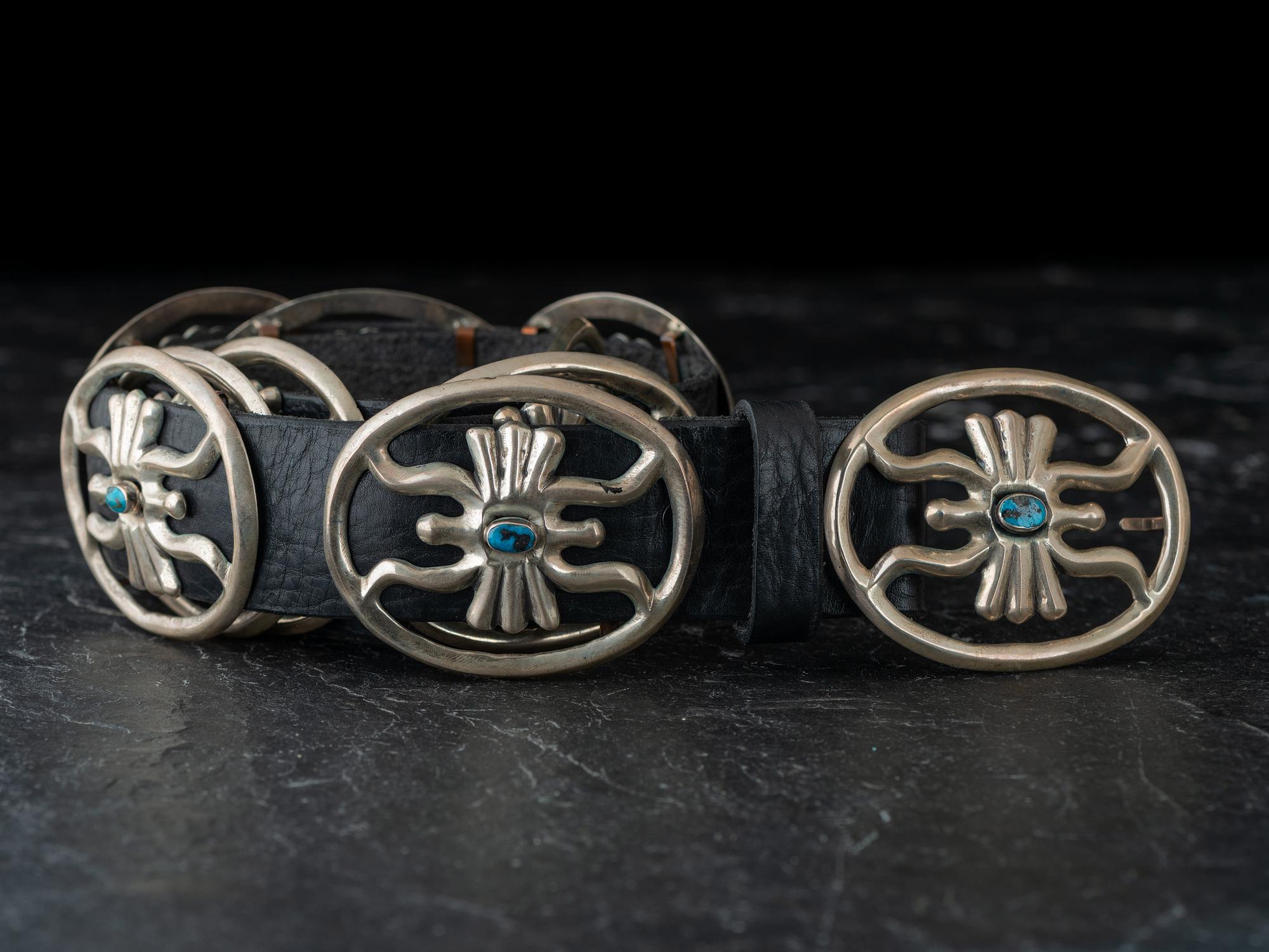 Navajo Sandcast Silver and Turquoise Concha Belt