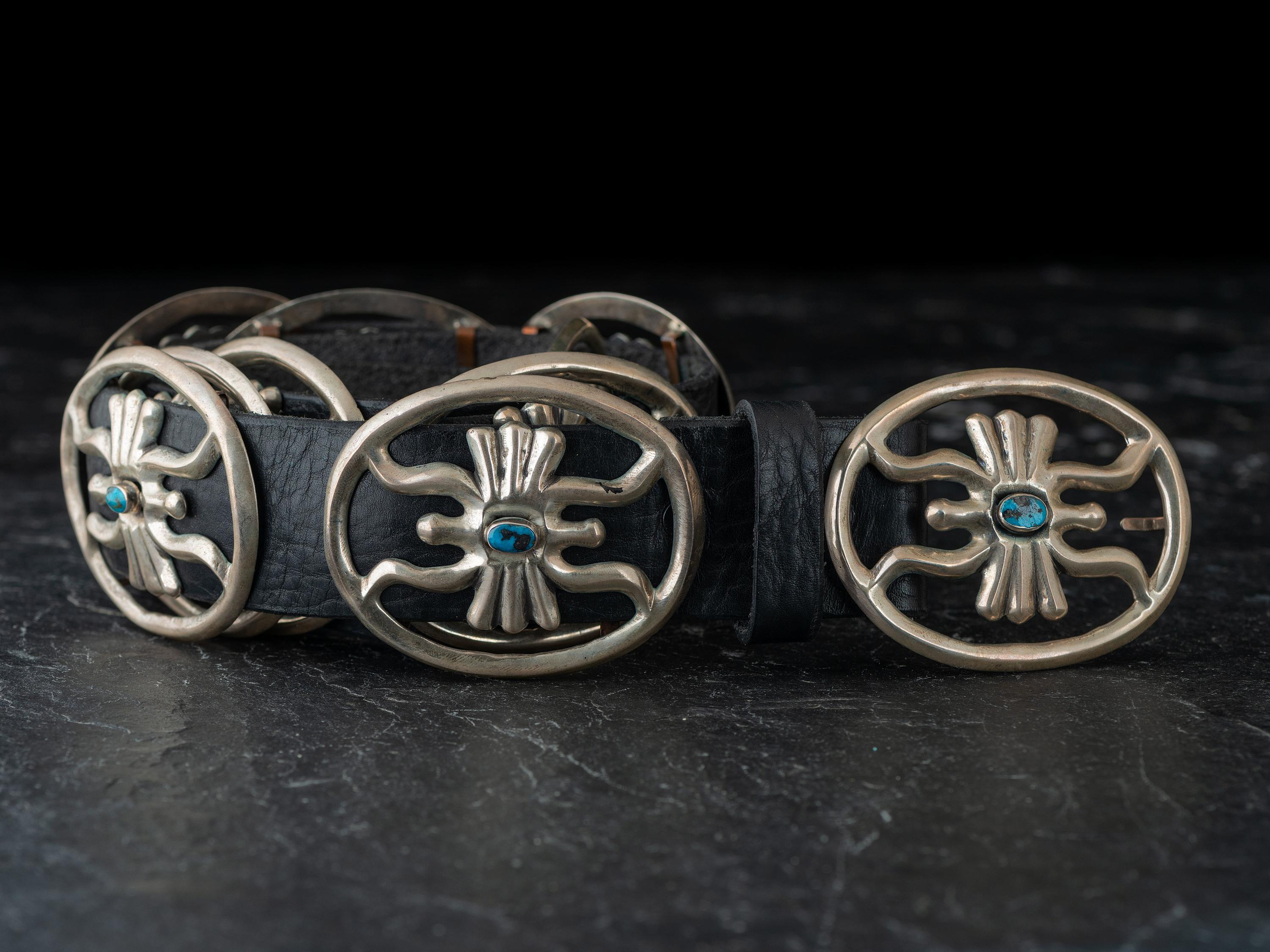 Navajo Sandcast Silver and Turquoise Concha Belt