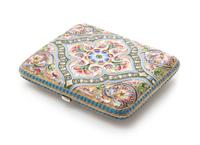 A Russian Enameled Silver Cigarette Case, Mark of Maria Semenova, kokoshnik mark of Ivan Lebedkin, Moscow, the case with foliate enamel