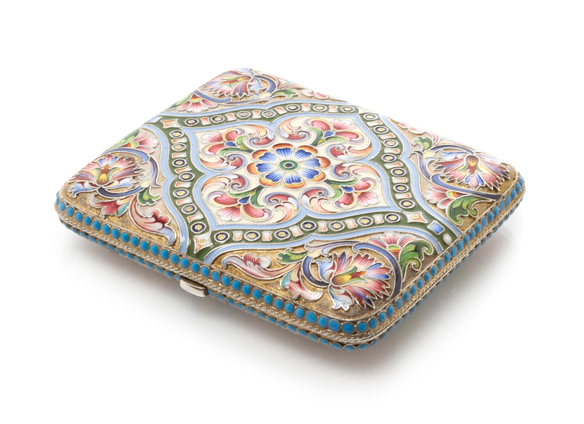 A Russian Enameled Silver Cigarette Case, Mark of Maria Semenova, kokoshnik mark of Ivan Lebedkin, Moscow, the case with foliate enamel
