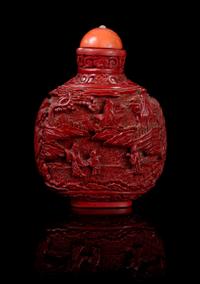 A Cinnabar Lacquer Snuff Bottle Height 3 1/2 inches.