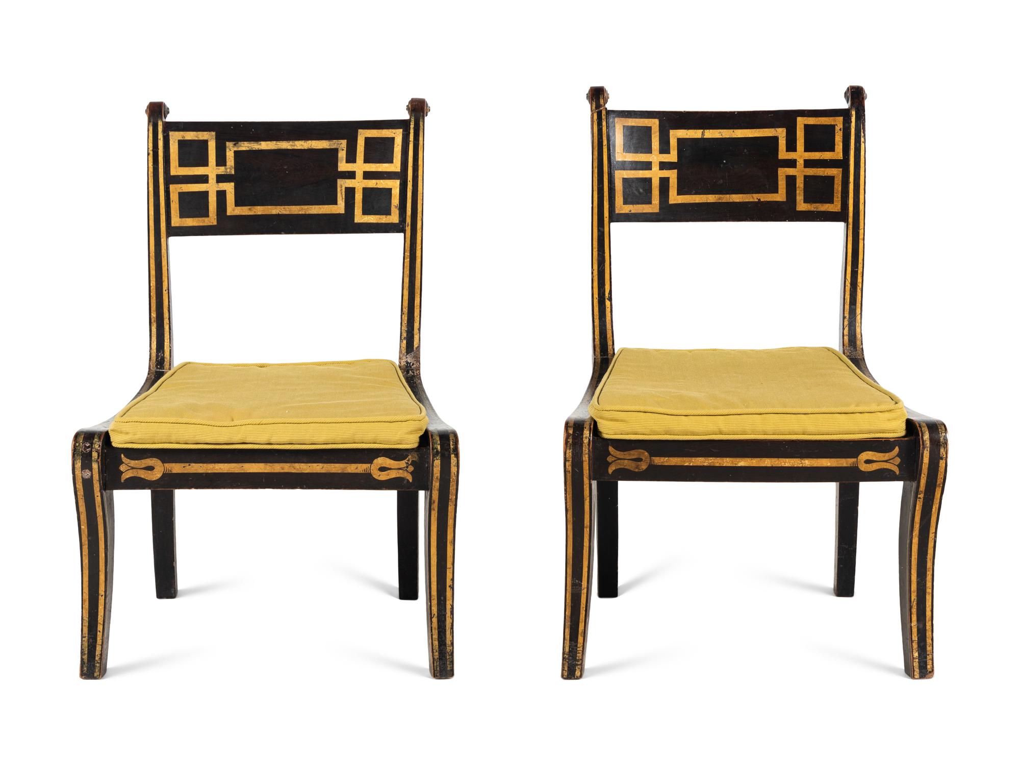 A Pair of Regency Parcel-Gilt and Grain-Painted Side Chairs