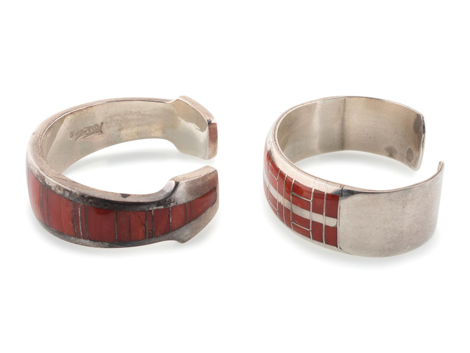 Zuni and Apache Silver and Channel Inlay Coral Cuff Bracelets