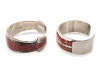 Zuni and Apache Silver and Channel Inlay Coral Cuff Bracelets