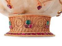 A Tibetan Style Gilt Filigree, Ruby and Emerald Mounted Rock Crystal Bowl