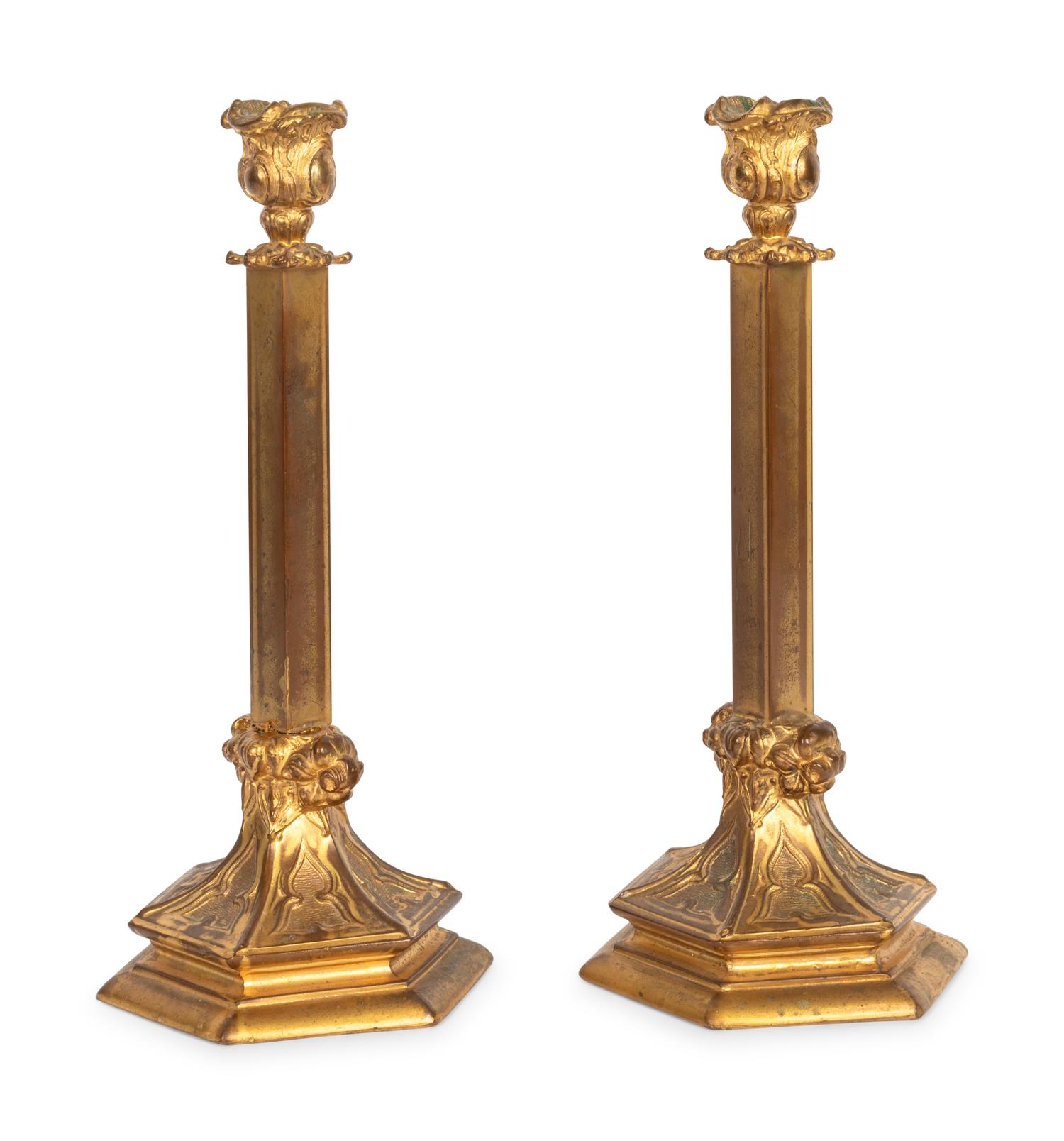 A Pair of French Gilt Metal Candlesticks