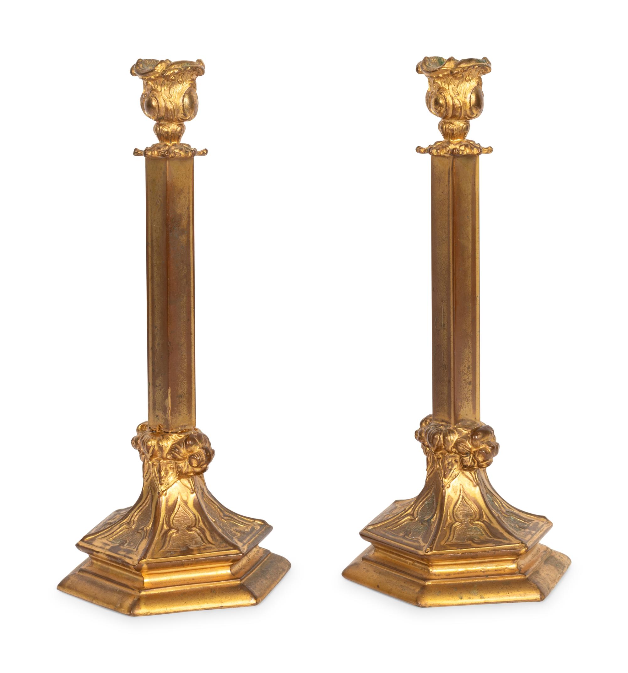 A Pair of French Gilt Metal Candlesticks