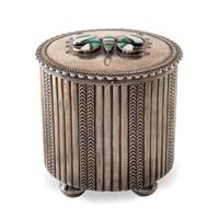 Navajo Stamped Silver Lidded Box, with Zuni Mosaic Inlay Butterfly