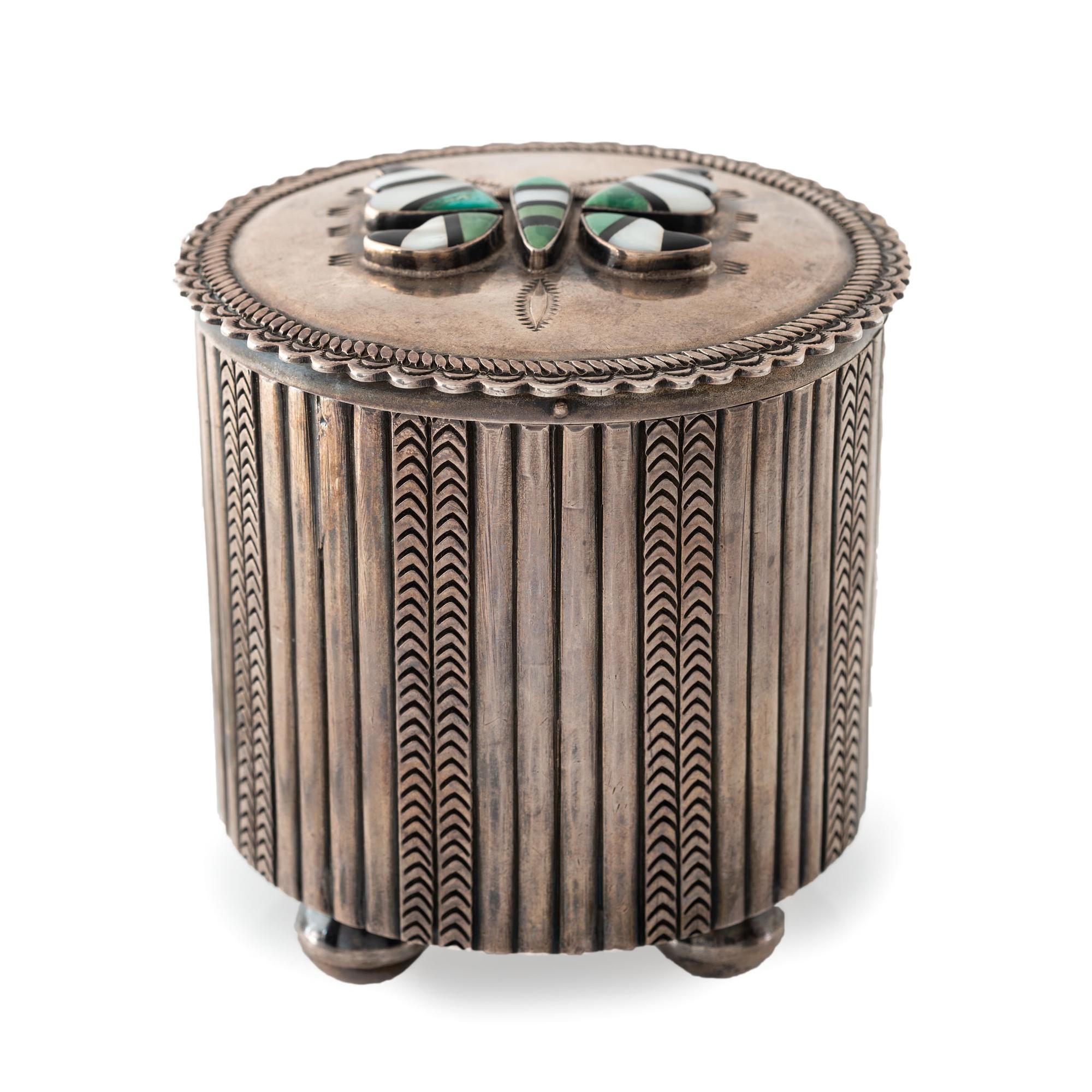 Navajo Stamped Silver Lidded Box, with Zuni Mosaic Inlay Butterfly