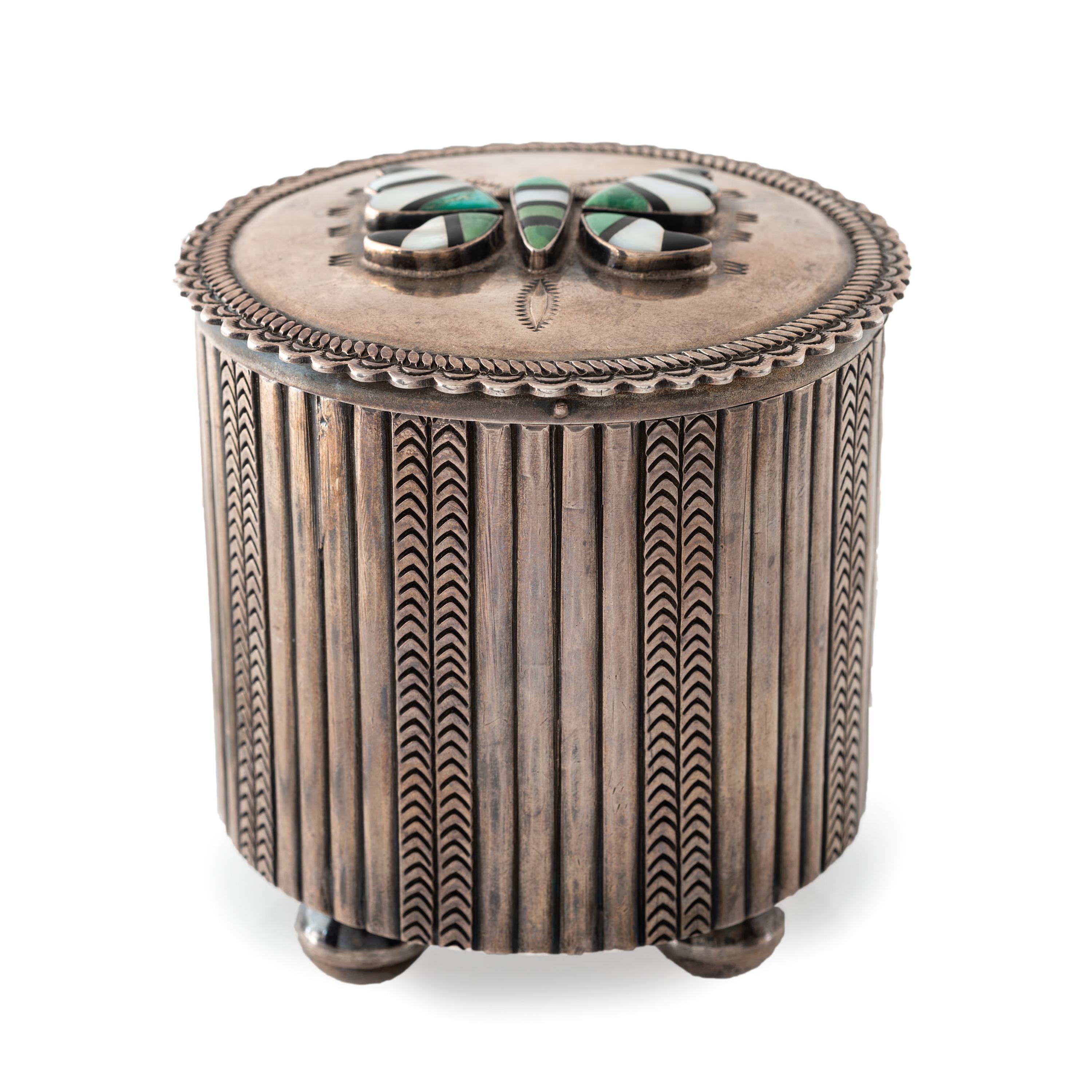 Navajo Stamped Silver Lidded Box, with Zuni Mosaic Inlay Butterfly