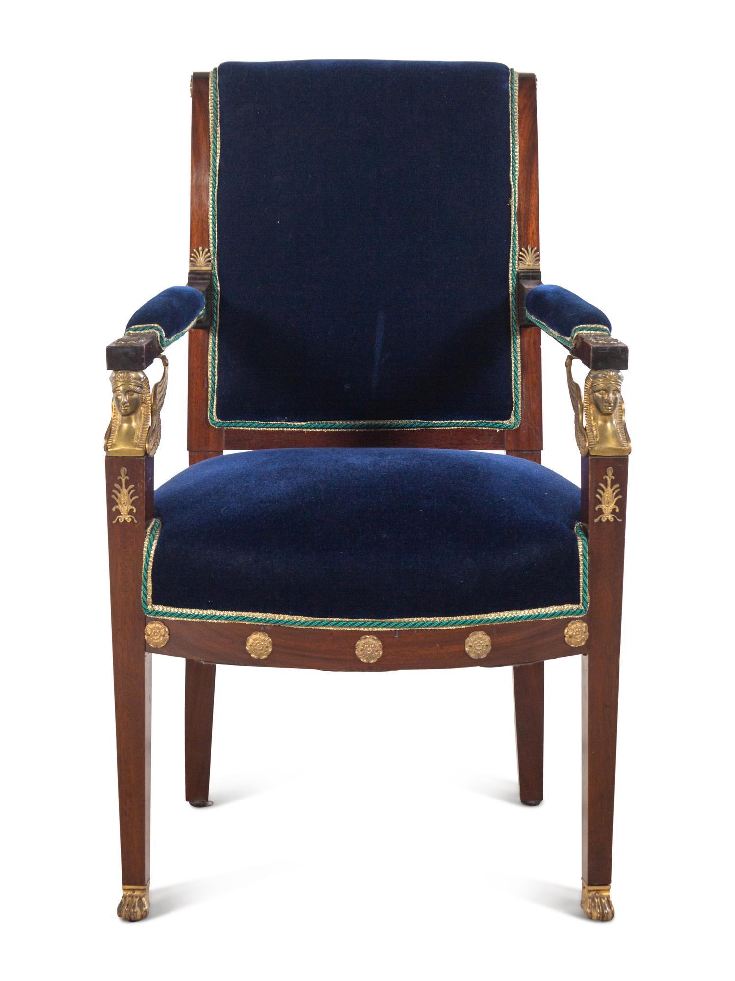 An Empire Style Gilt Bronze Mounted Velvet-Upholstered Mahogany Fauteuil
