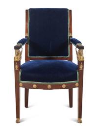 An Empire Style Gilt Bronze Mounted Velvet-Upholstered Mahogany Fauteuil