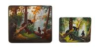 Two Russian Lacquered Boxes, 20th Century, each of rectangular form with hinged lids, both decorated with bears in a forest.