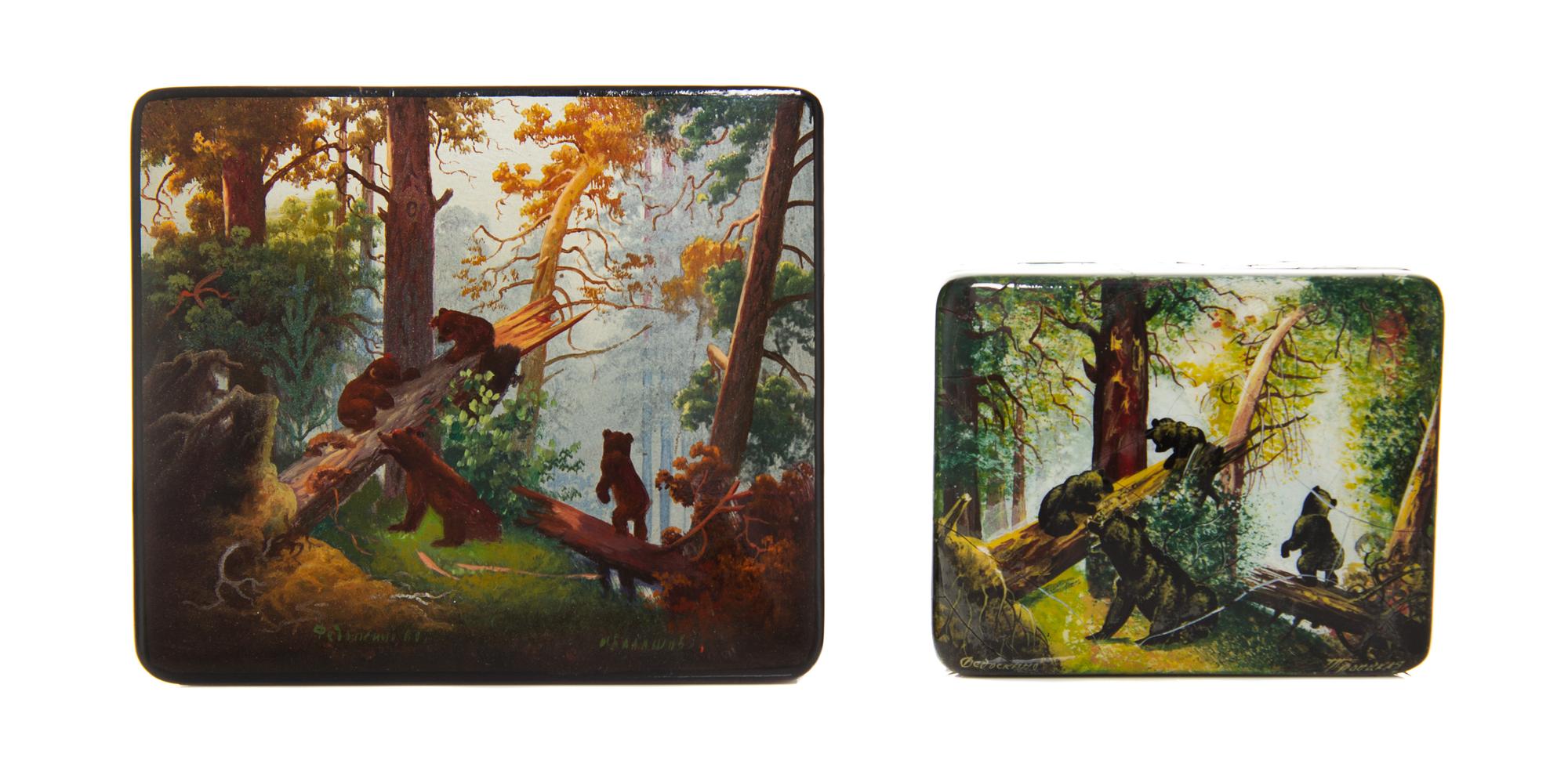 Two Russian Lacquered Boxes, 20th Century, each of rectangular form with hinged lids, both decorated with bears in a forest.