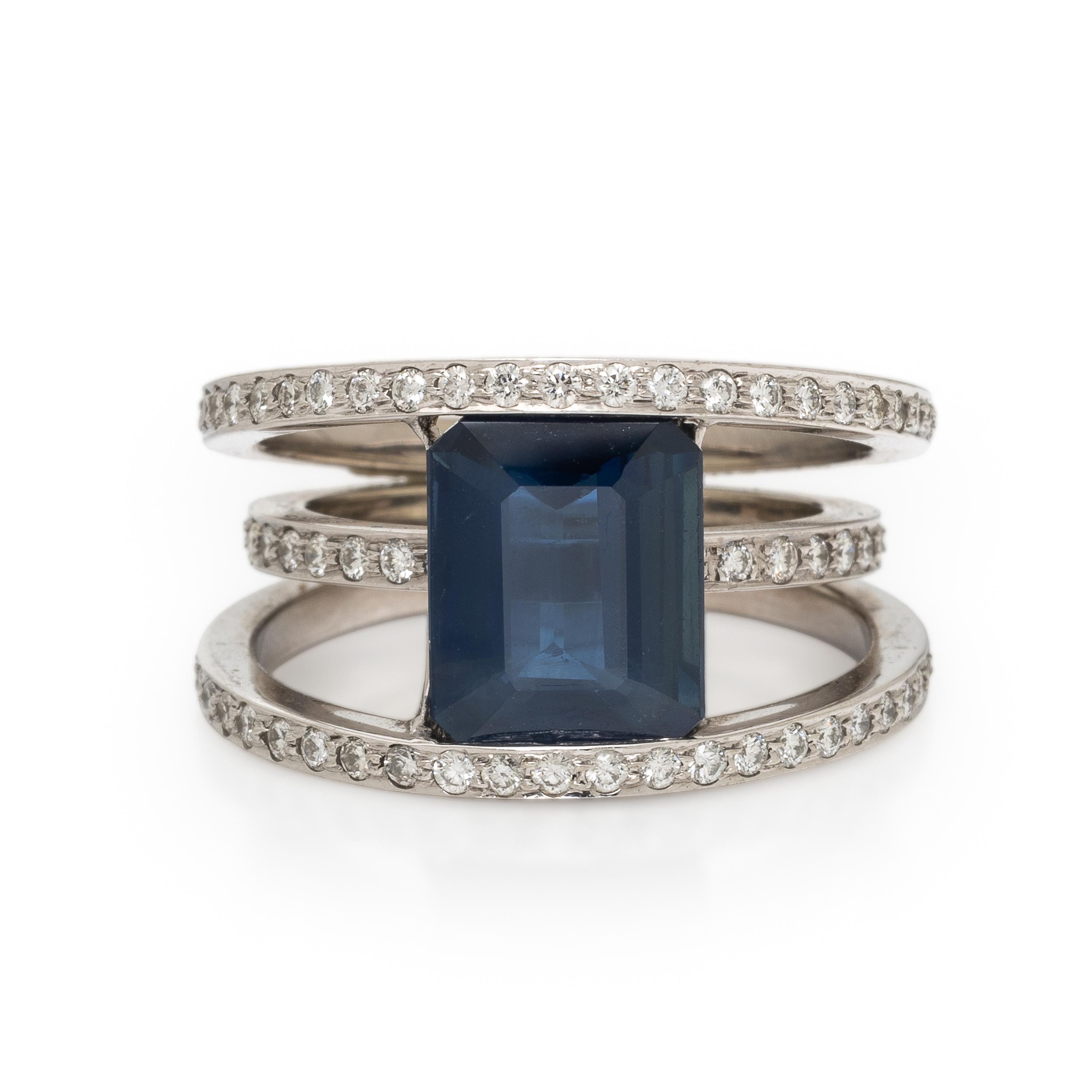 Sapphire, Diamond, and White Gold Ring