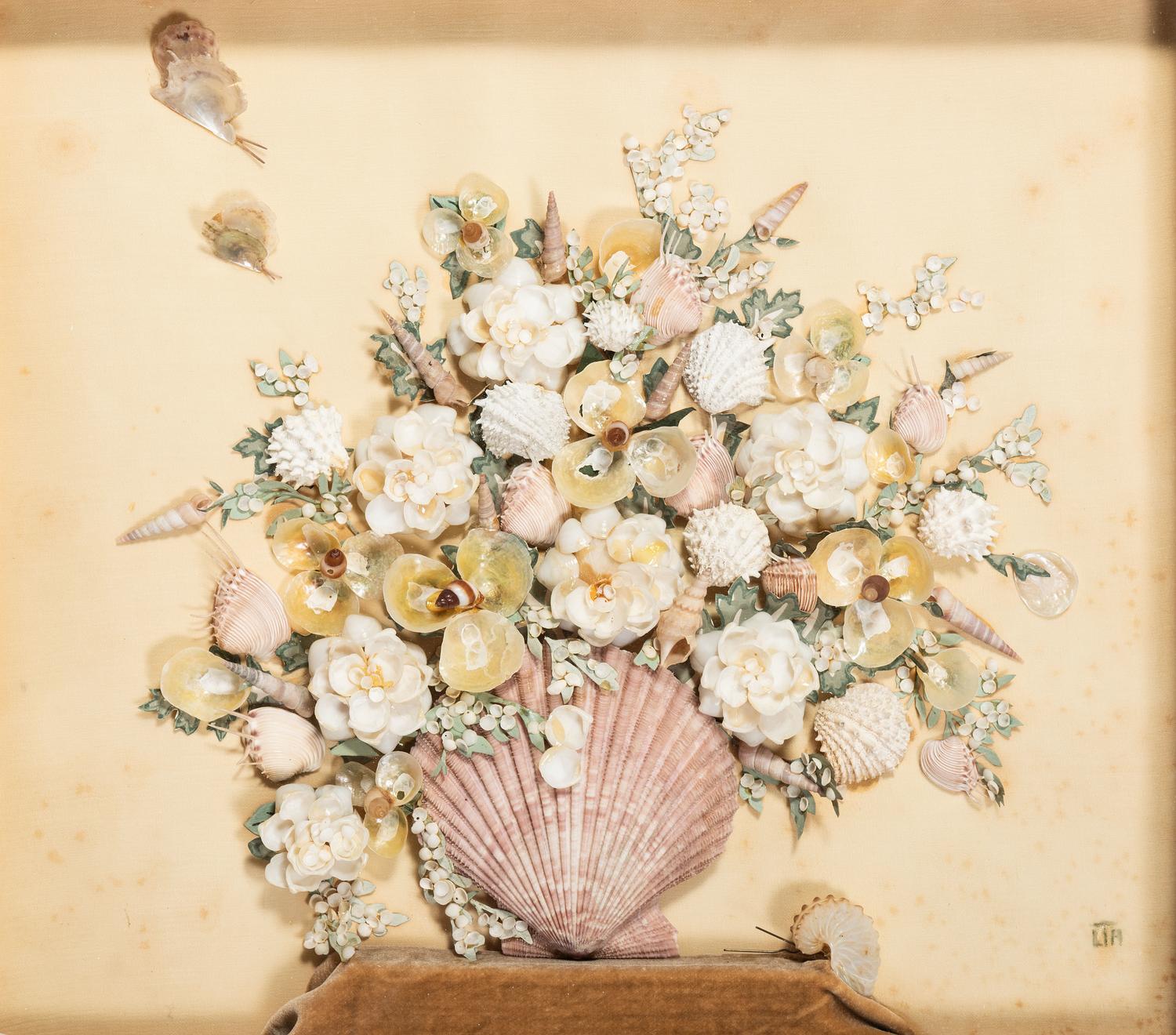 A Shellwork Composition Depicting a Floral Bouquet and Butterflies