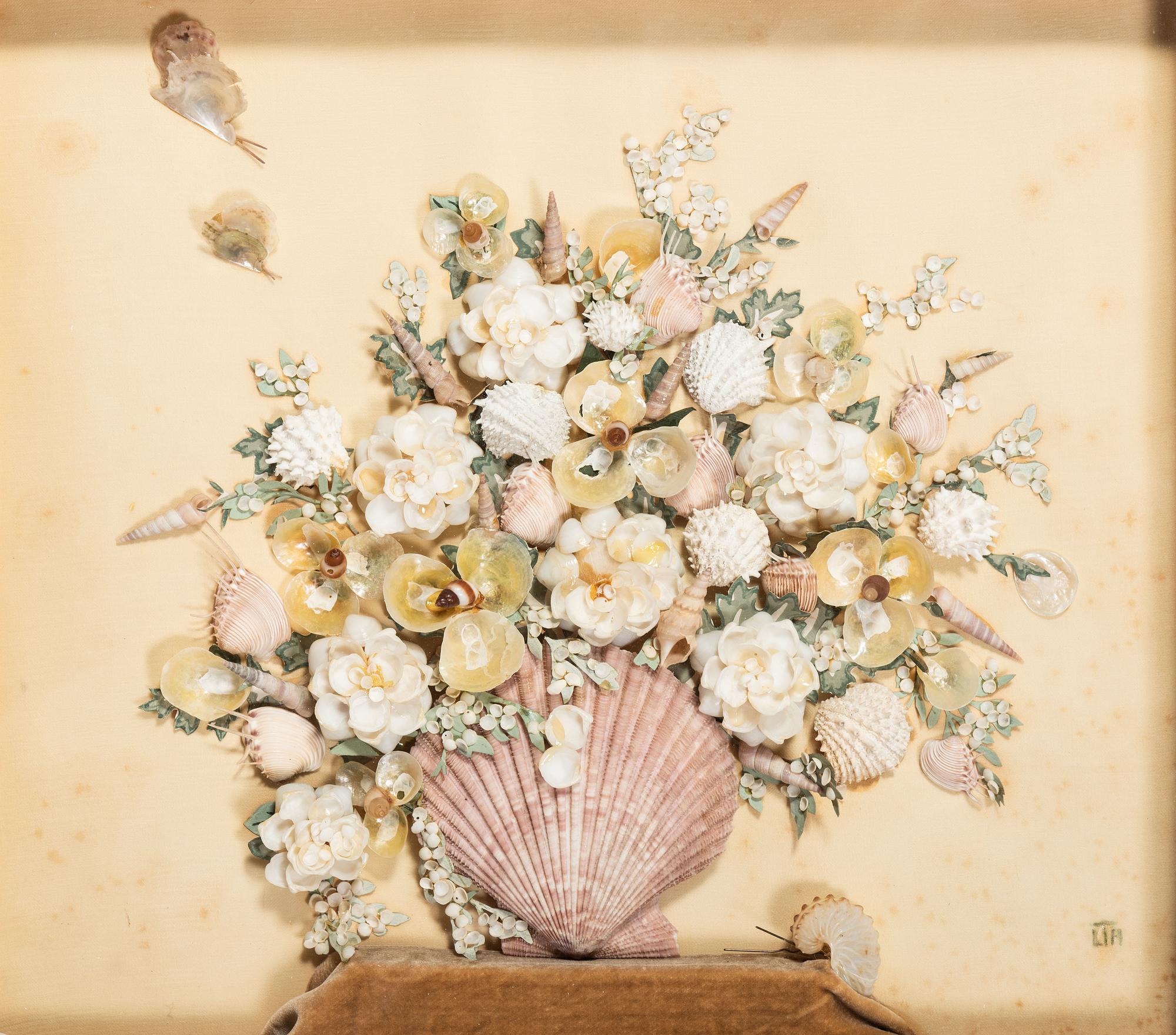 A Shellwork Composition Depicting a Floral Bouquet and Butterflies