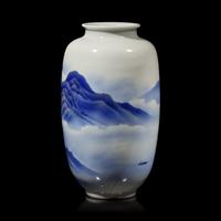 A Japanese enameled Blue and White Ovoid 'Landscape' Vase, Signed Makuzu Kozan Saku