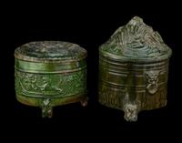 Two Chinese Green Glazed Pottery Covered Tripod Incense Burners