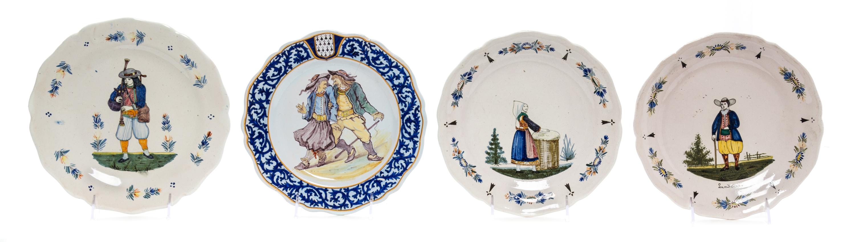 Four Quimper Pottery Plates Diameter 9 1/4 inches.