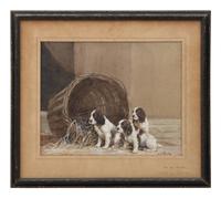 Black Labrador with Pheasant; Two Spaniels Chasing a Pheasant; The New Arrivals (three works)