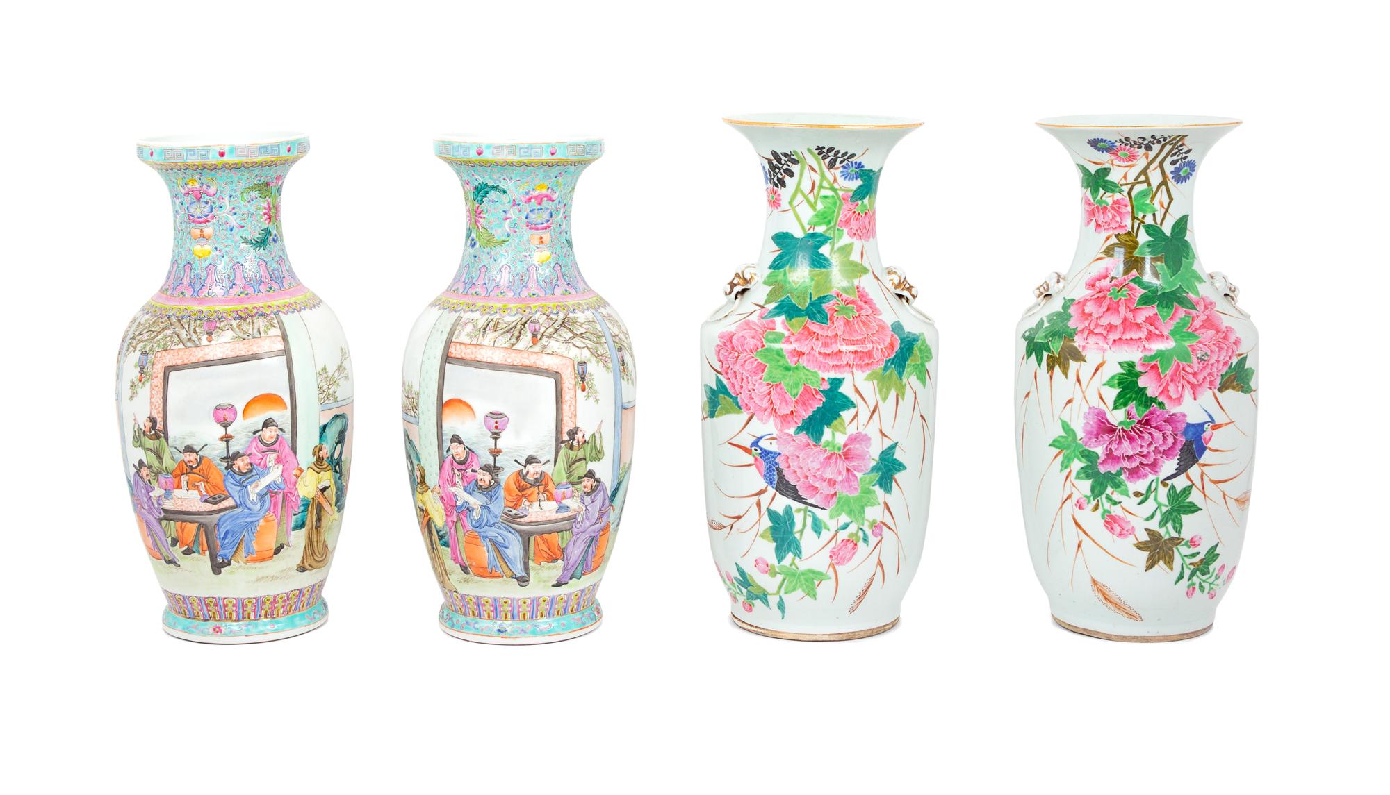 Two Pairs of Famille Rose Porcelain Vases Height of taller 17 1/2 inches. — 20TH CENTURY