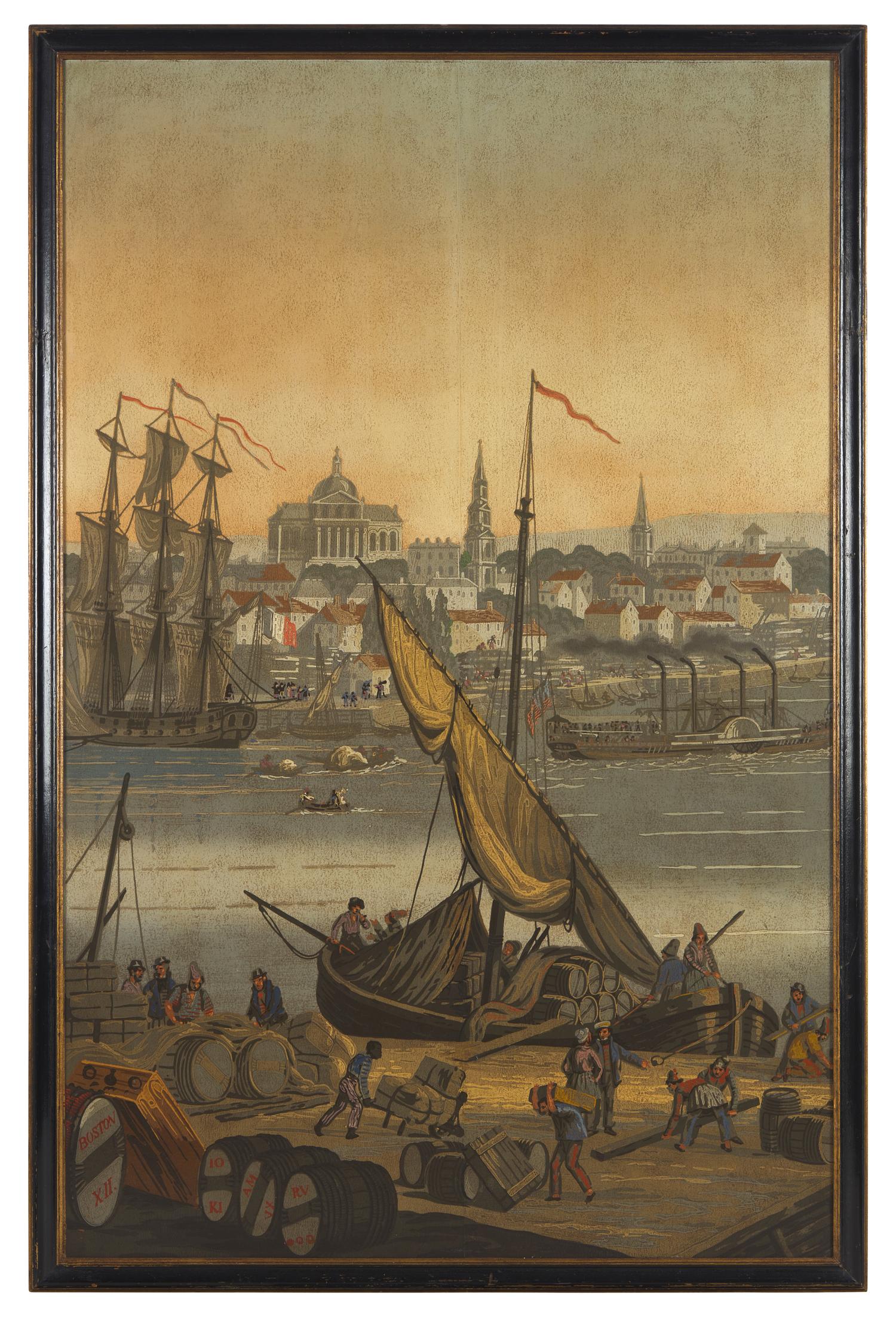 A Zuber & Cie Three-Panel Wallpaper "Vues D'Amerique du Nord" Depicting Boston Harbor
