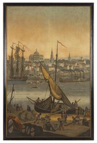 A Zuber & Cie Three-Panel Wallpaper "Vues D'Amerique du Nord" Depicting Boston Harbor