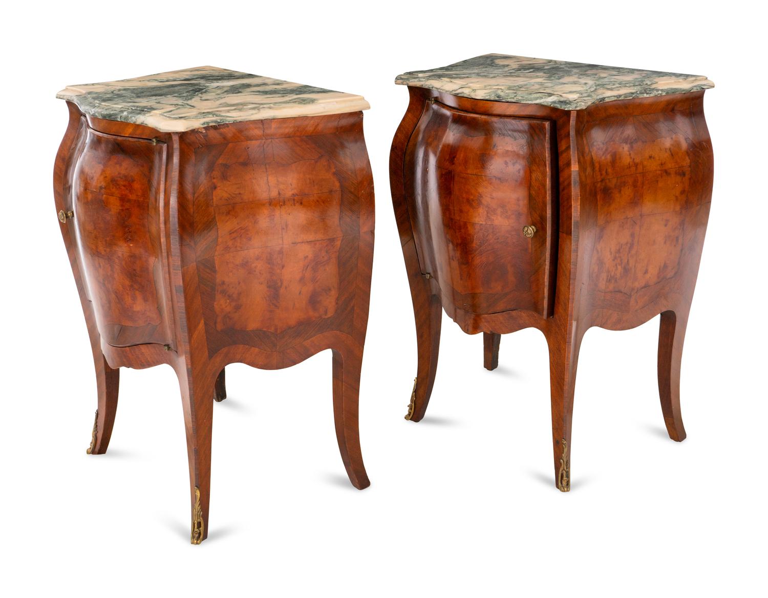 An Italian Bombe-Form Burled Walnut Three-Piece Bedroom Suite with Marble Tops