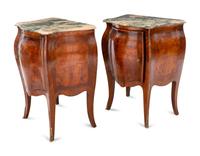 An Italian Bombe-Form Burled Walnut Three-Piece Bedroom Suite with Marble Tops