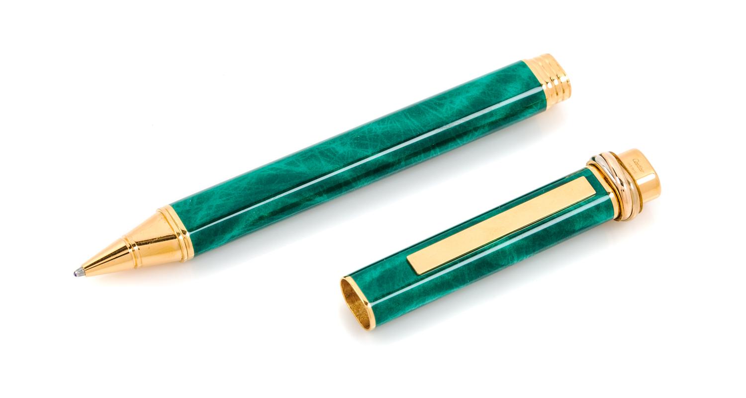 A Must de Cartier Gold-Plate and Simulated Malachite Roller Ball Pen