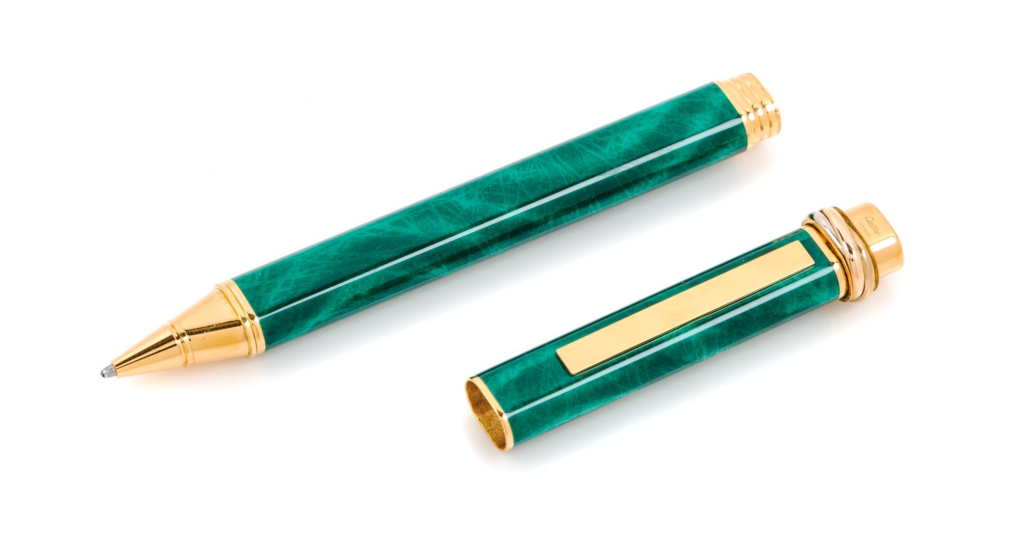 A Must de Cartier Gold-Plate and Simulated Malachite Roller Ball Pen
