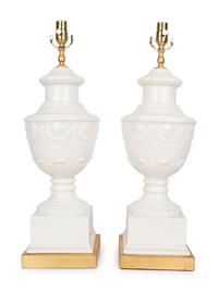 A Pair of Italian White-Glazed Shell-Molded Vases Mounted as Lamps — 20TH CENTURY