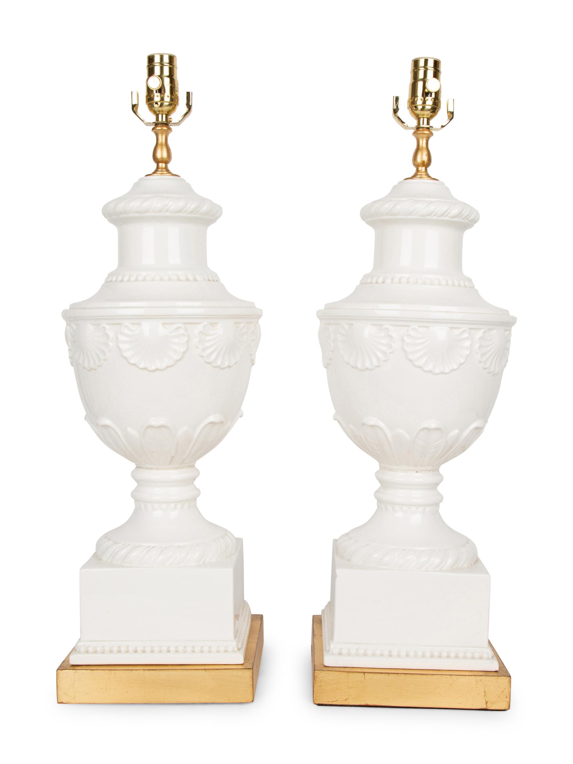 A Pair of Italian White-Glazed Shell-Molded Vases Mounted as Lamps — 20TH CENTURY