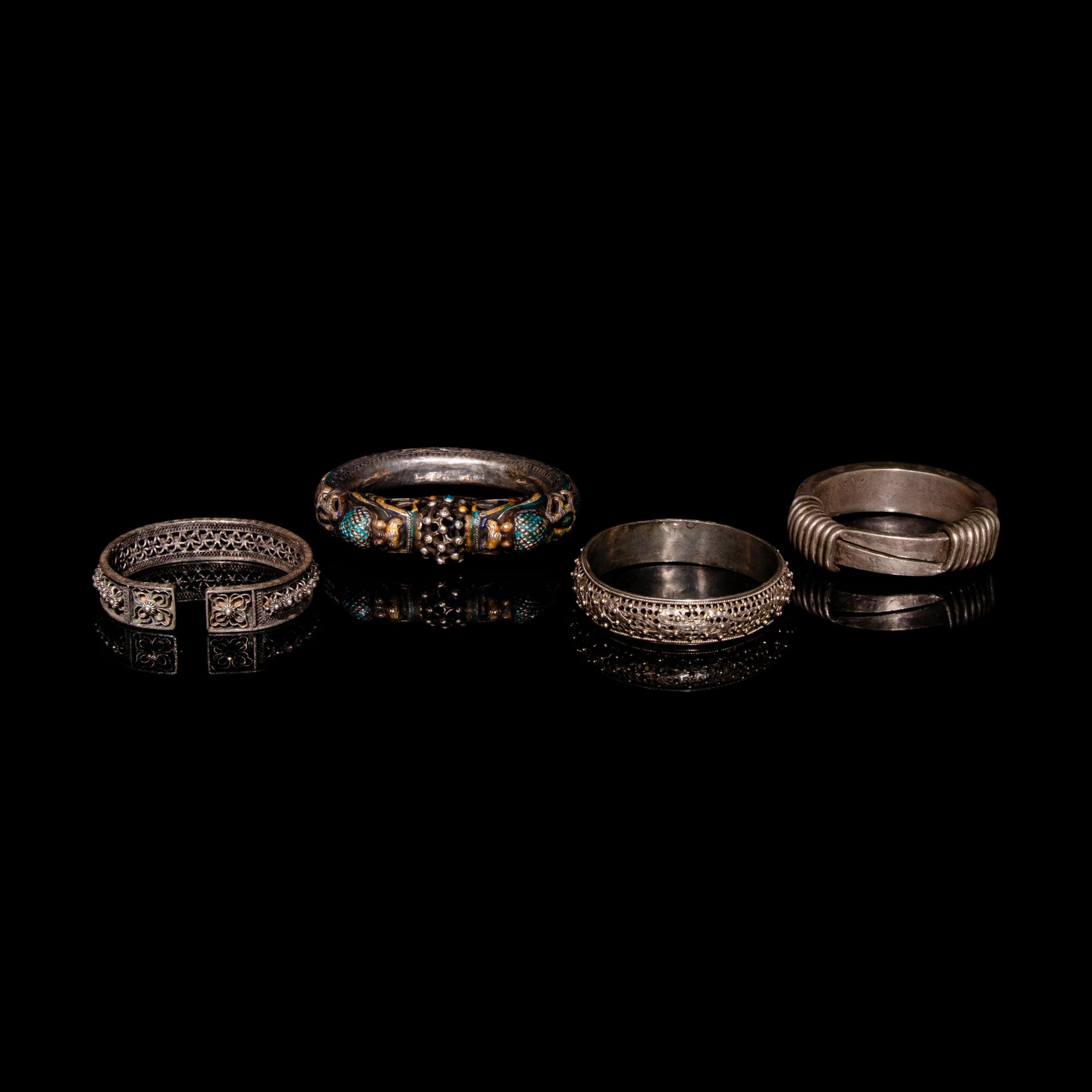 Four Chinese Silver Bangles, 19th Century