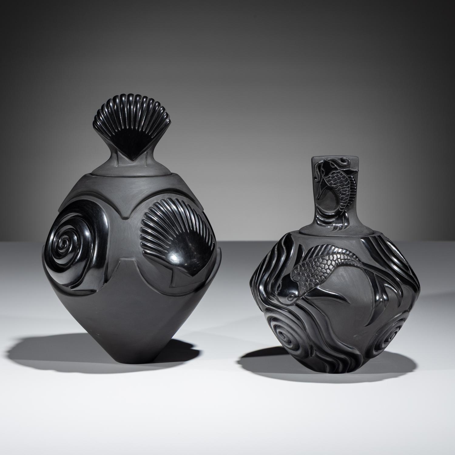 Carved Blackware Lidded Jars