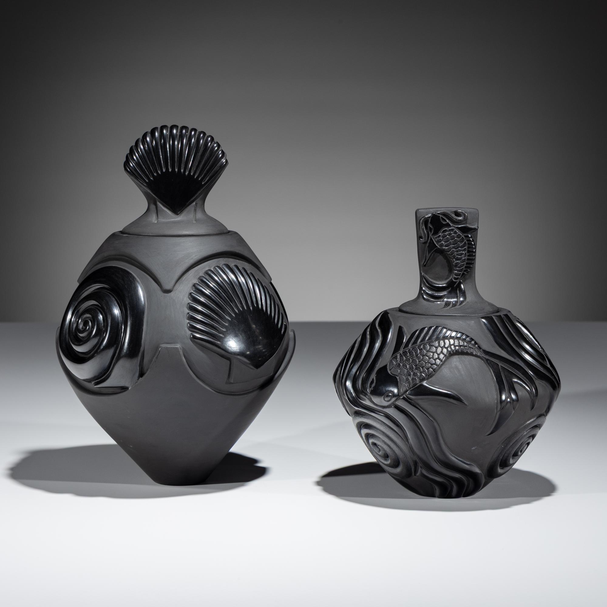 Carved Blackware Lidded Jars