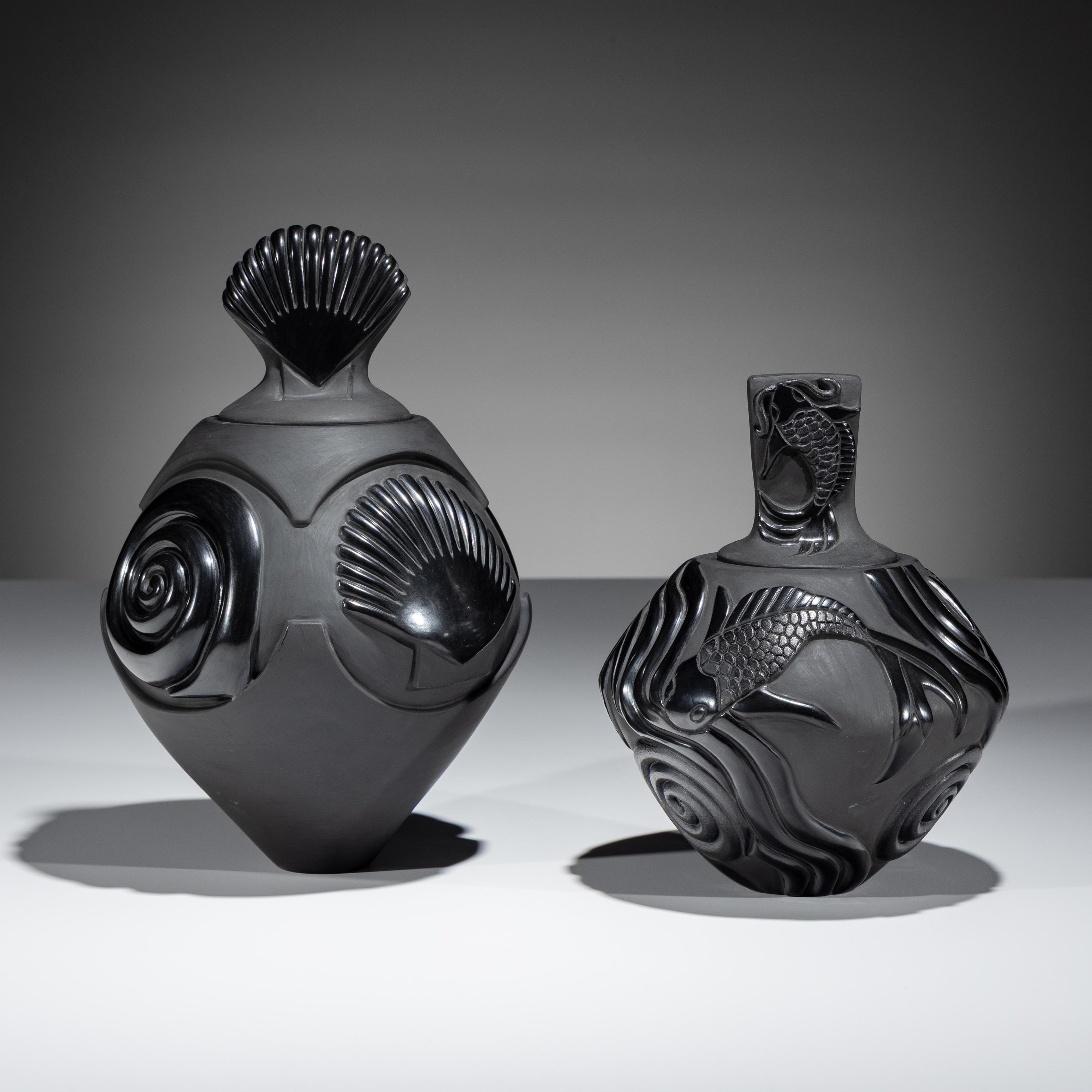 Carved Blackware Lidded Jars