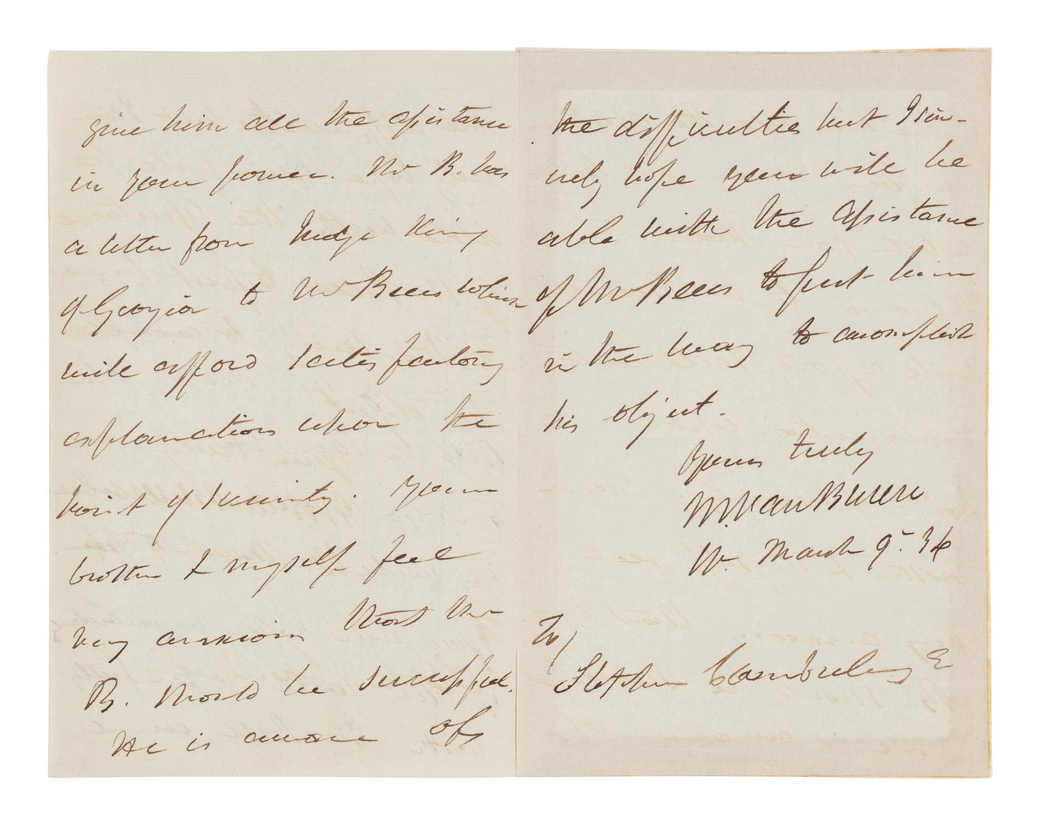 VAN BUREN, Martin (1782-1862). Autograph letter signed ("M. Van Buren"), as Vice President, to Stephen Camberling (ca 1790-1872). Washington, D.C., 9 March 1834.