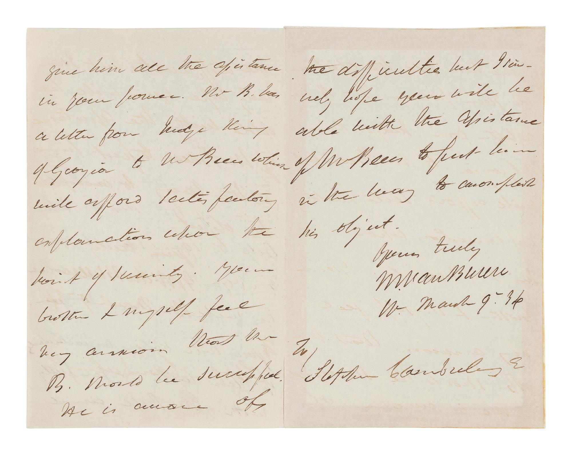 VAN BUREN, Martin (1782-1862). Autograph letter signed ("M. Van Buren"), as Vice President, to Stephen Camberling (ca 1790-1872). Washington, D.C., 9 March 1834.