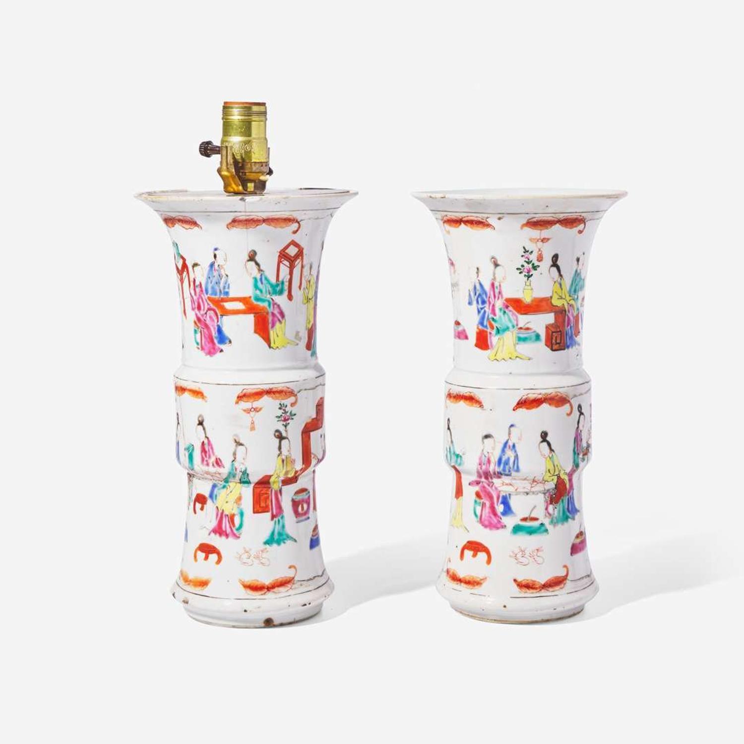 A pair of Chinese famille rose-decorated porcelain beaker vases 粉彩花觚一對 18th century ????