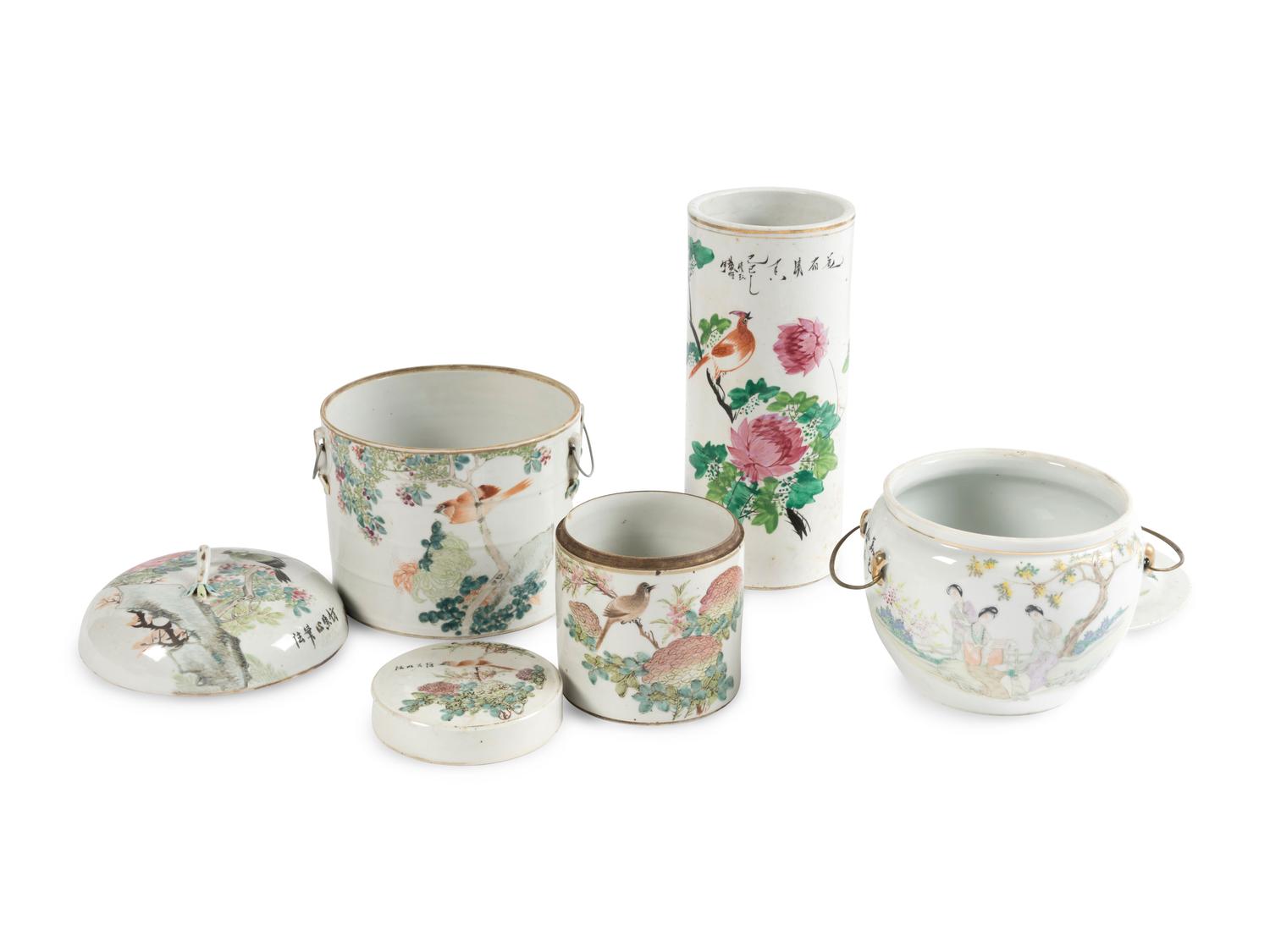 Three Famille Rose Porcelain Covered Jars and A Famille Rose Porcelain Hat Holder