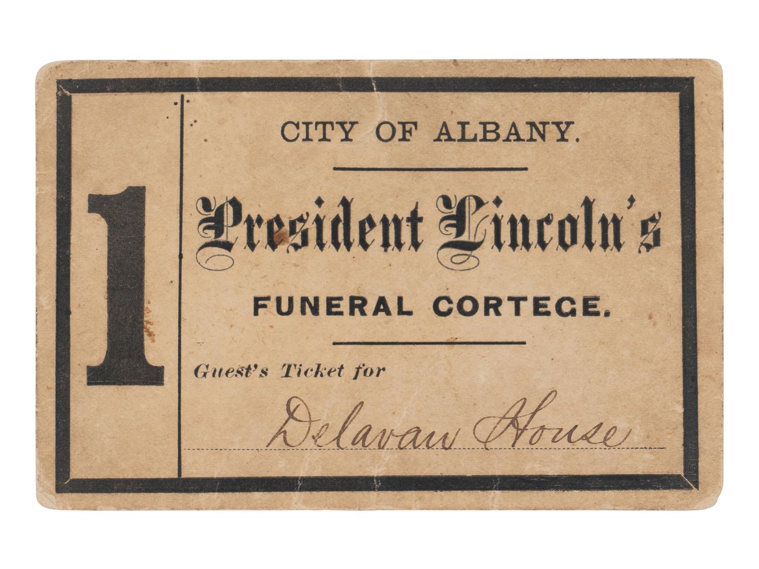 [LINCOLN FUNERAL]. Partly printed ticket issued to Illinois Governor R.J. Oglesby, Albany, New York, [25-26] April 1865.